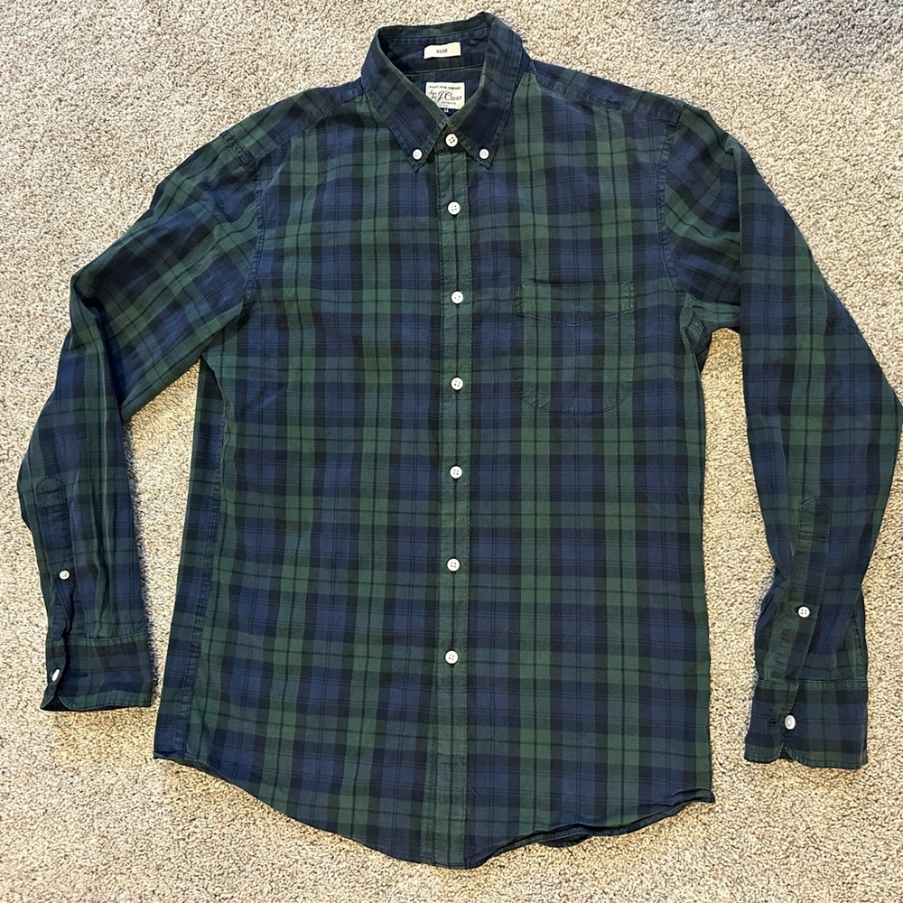 J.Crew Secret Wash Slim Fit Stretch Flannel – Men’s Medium – Navy Green Plaid